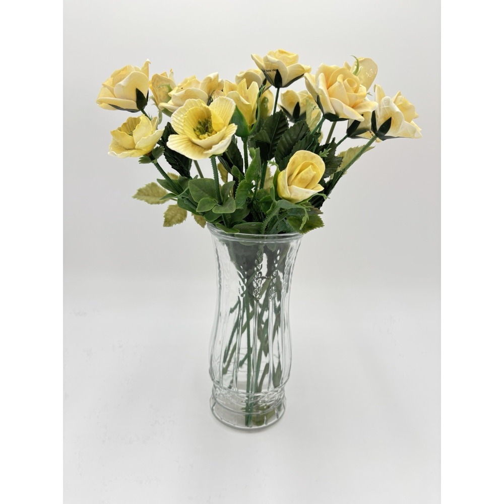 Vintage Fine Bone China Yellow Roses Spring Glass Vase England Floral Old Money